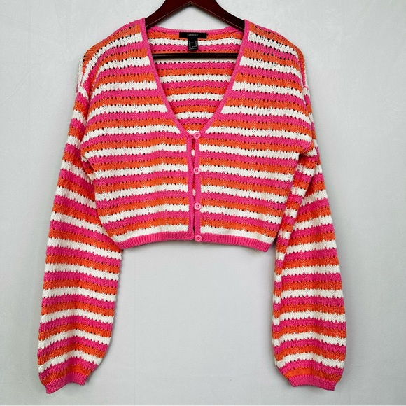 Forever21 Striped Cropped Cardigan Long Sleeve Knit Valentines Day V-Neck Small - Picture 1 of 9